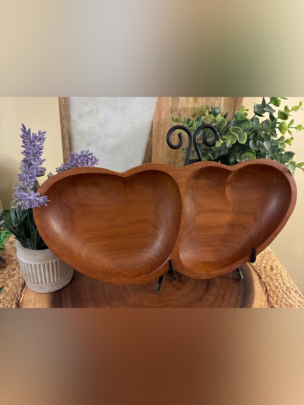 Vintage Wooden Double Heart Serving Bowl - Brown
